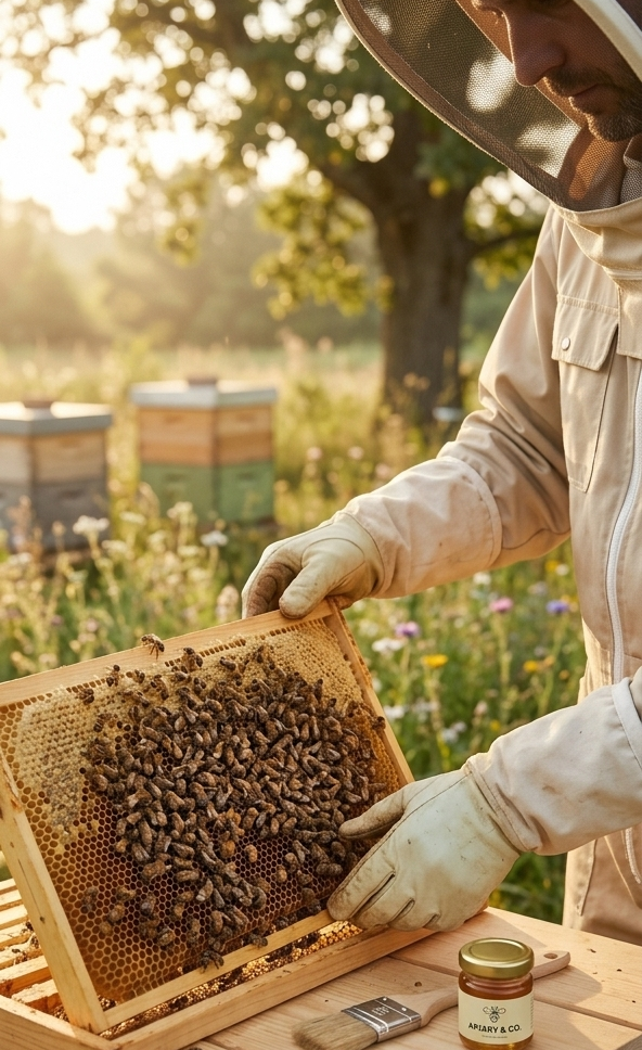 Beekeeper inspecting a frame at golden hour
